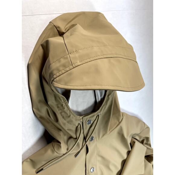 Rains Sz M Unisex Long Rain Jacket Tan Hood Pockets Minimalist Breathable Chic - Picture 7 of 16